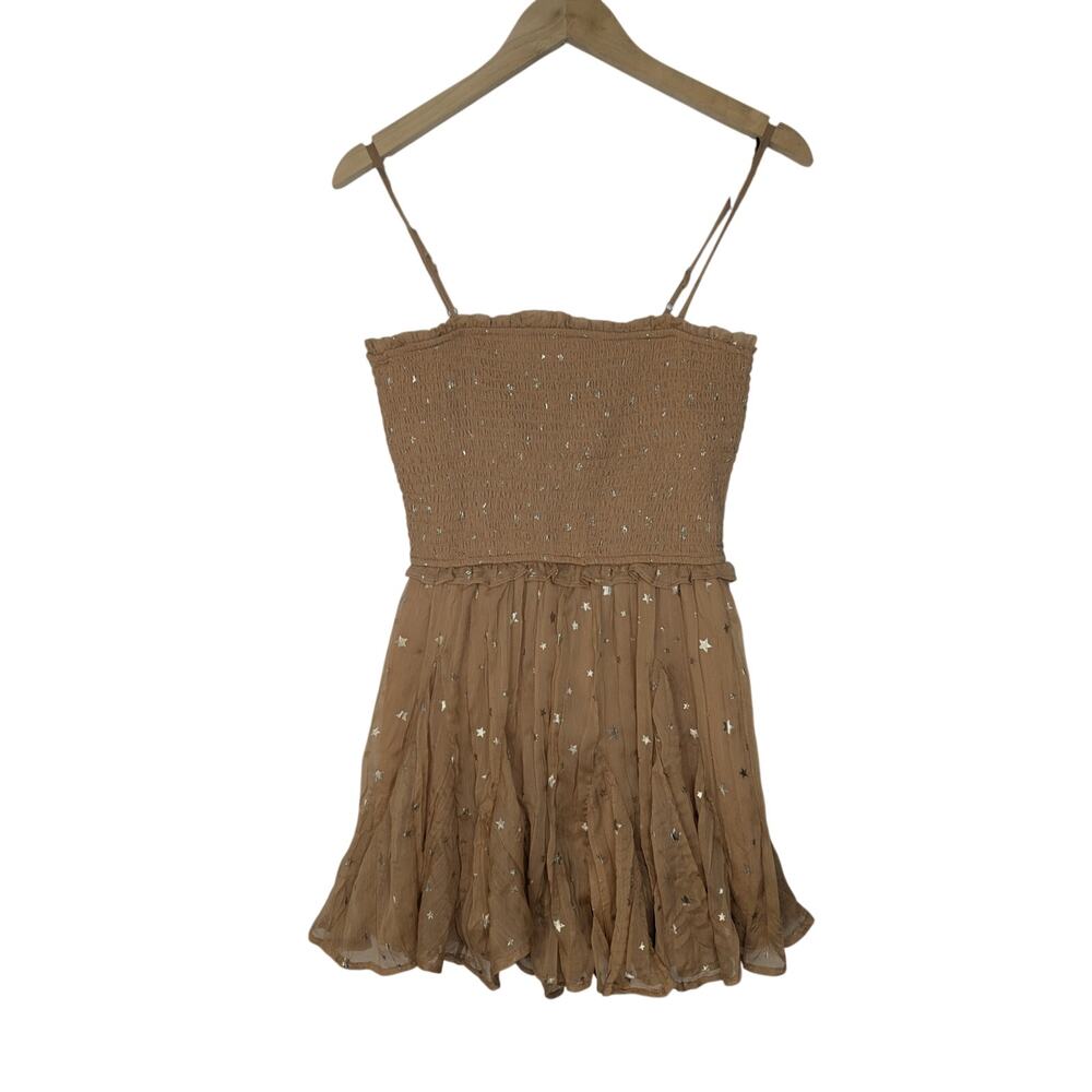 Storia Tan Star Print Smocked Sleeveless Romper Fairycore Boho Whimsigoth